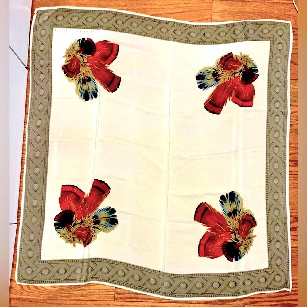 Perry Ellis 70s Vintage Silk Brown Foulard 34”Cream with Feather bouquets